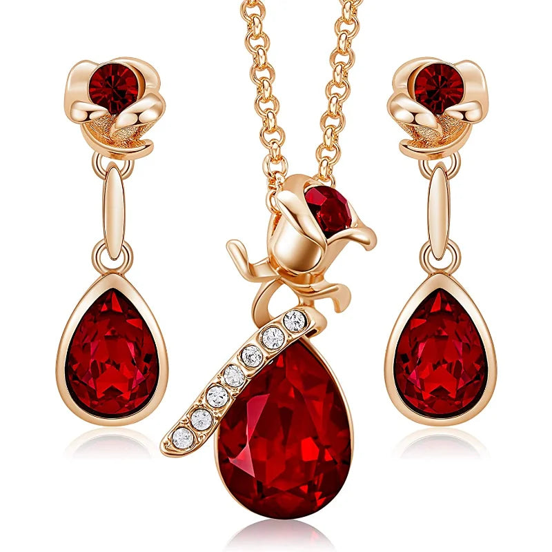 Ruby Rose Flower and Droplet Shape Jewelry Set