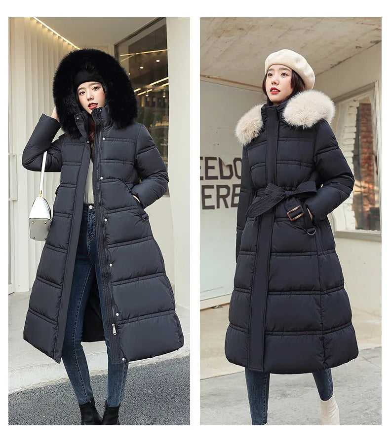 Womens Jacket Winter Women's Long Style Over Knee Big Wool Collar Cotton Jacket