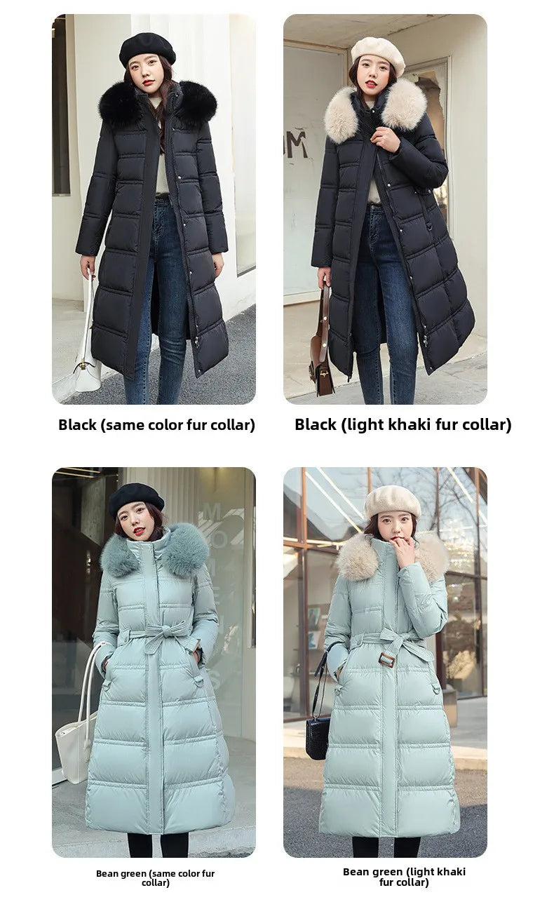 Womens Jacket Winter Women's Long Style Over Knee Big Wool Collar Cotton Jacket