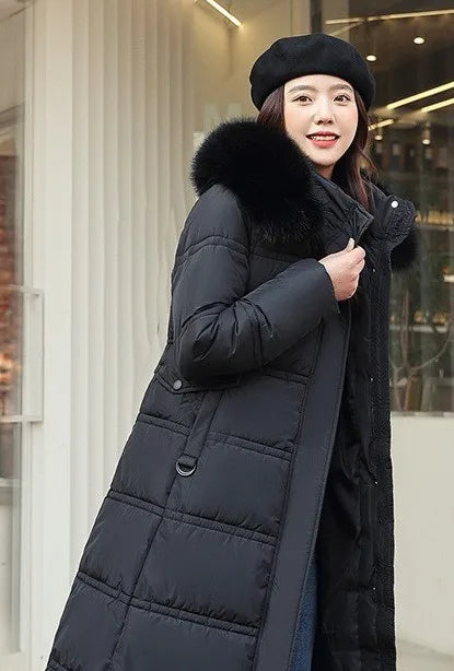 Womens Jacket Winter Women's Long Style Over Knee Big Wool Collar Cotton Jacket