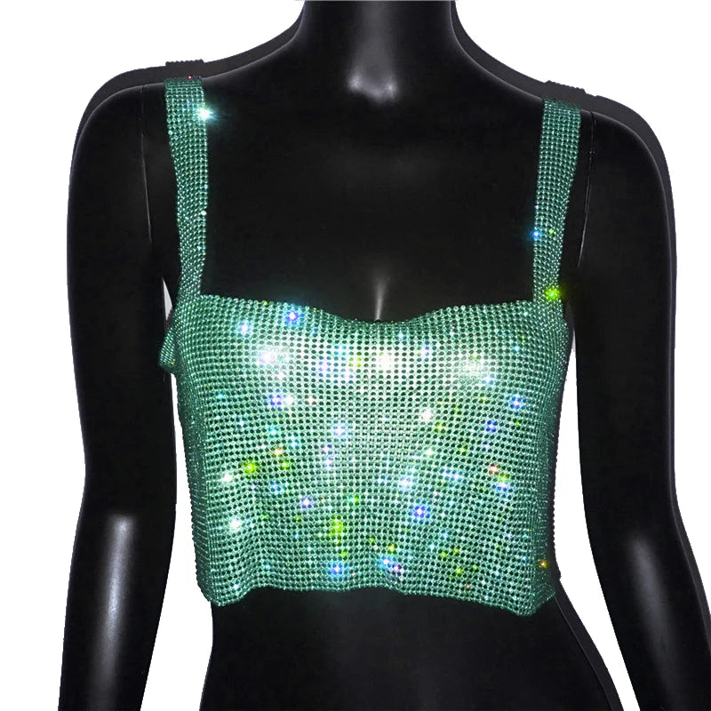 Women Sexy Metal Crystal Diamonds Sequined Night Club Party Wear Crop Top