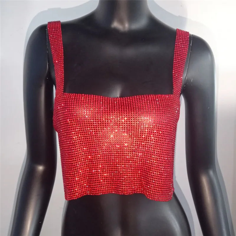 Women Sexy Metal Crystal Diamonds Sequined Night Club Party Wear Crop Top