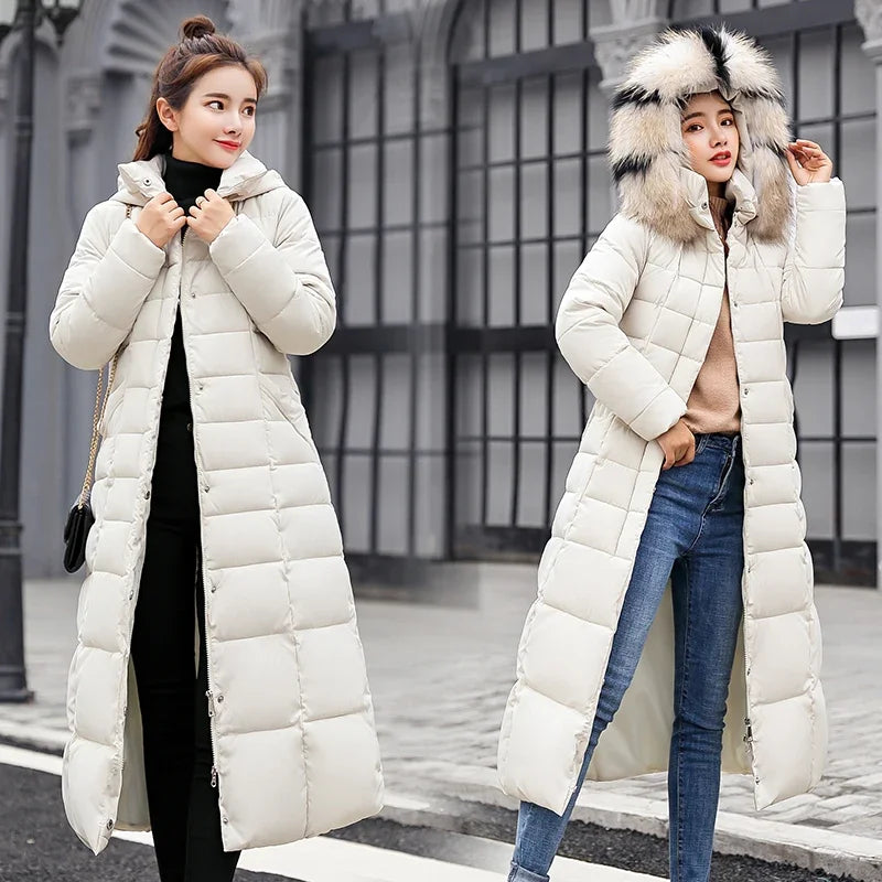 Women's warm fashion bow belt fox fur collar coat long dress women's thick coat