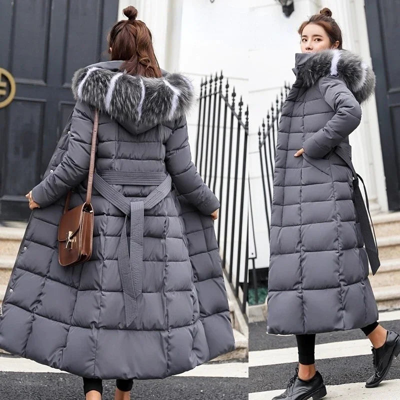Women's warm fashion bow belt fox fur collar coat long dress women's thick coat