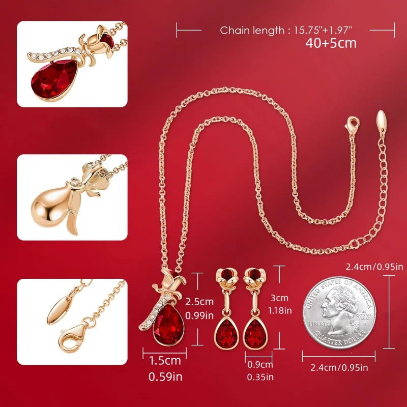 Ruby Rose Flower and Droplet Shape Jewelry Set