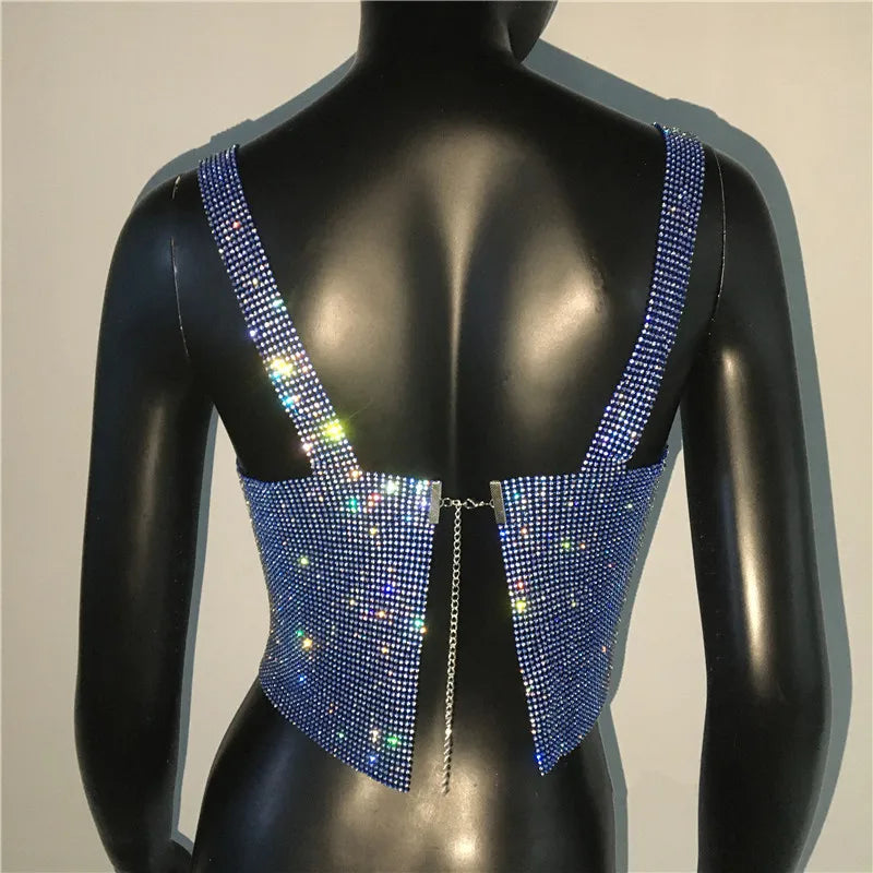 Women Sexy Metal Crystal Diamonds Sequined Night Club Party Wear Crop Top