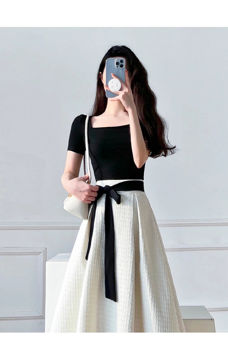 Womens T-shirt Dress Suit High Waist Elegant Fashion Pleated Skirts