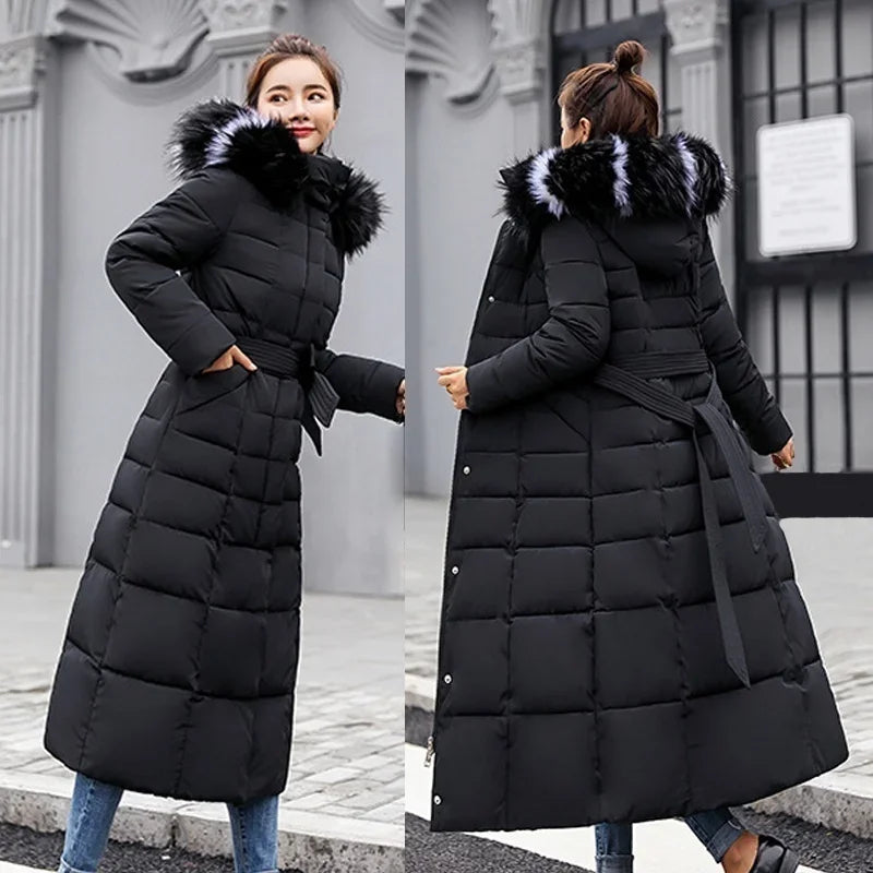 Women's warm fashion bow belt fox fur collar coat long dress women's thick coat
