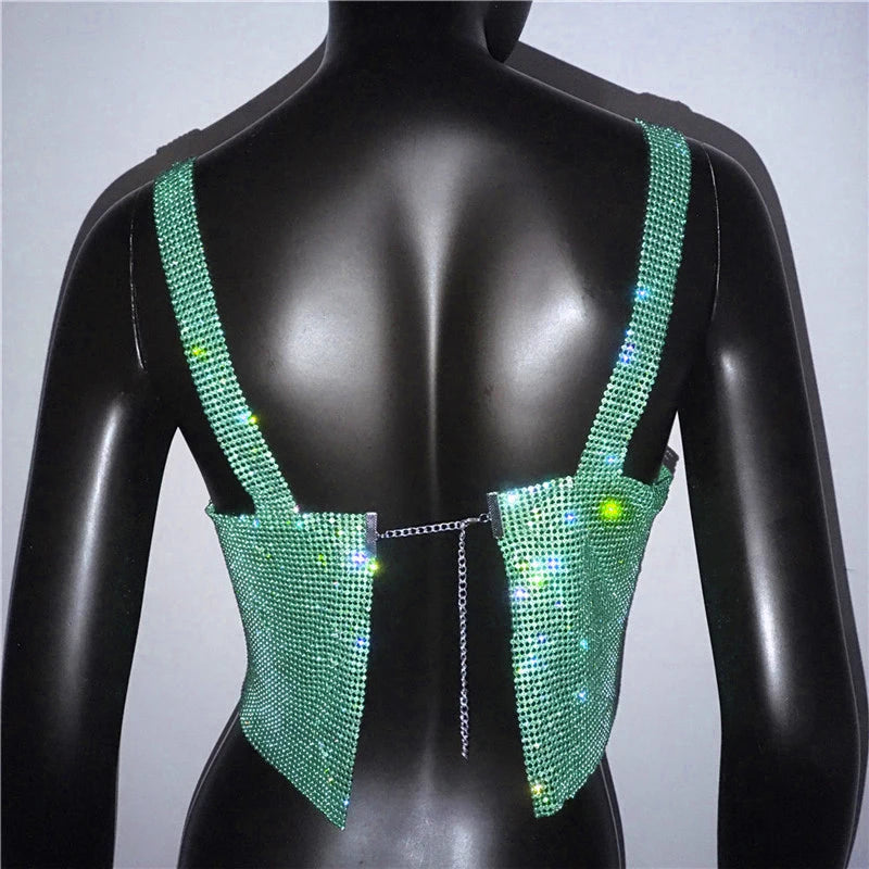 Women Sexy Metal Crystal Diamonds Sequined Night Club Party Wear Crop Top