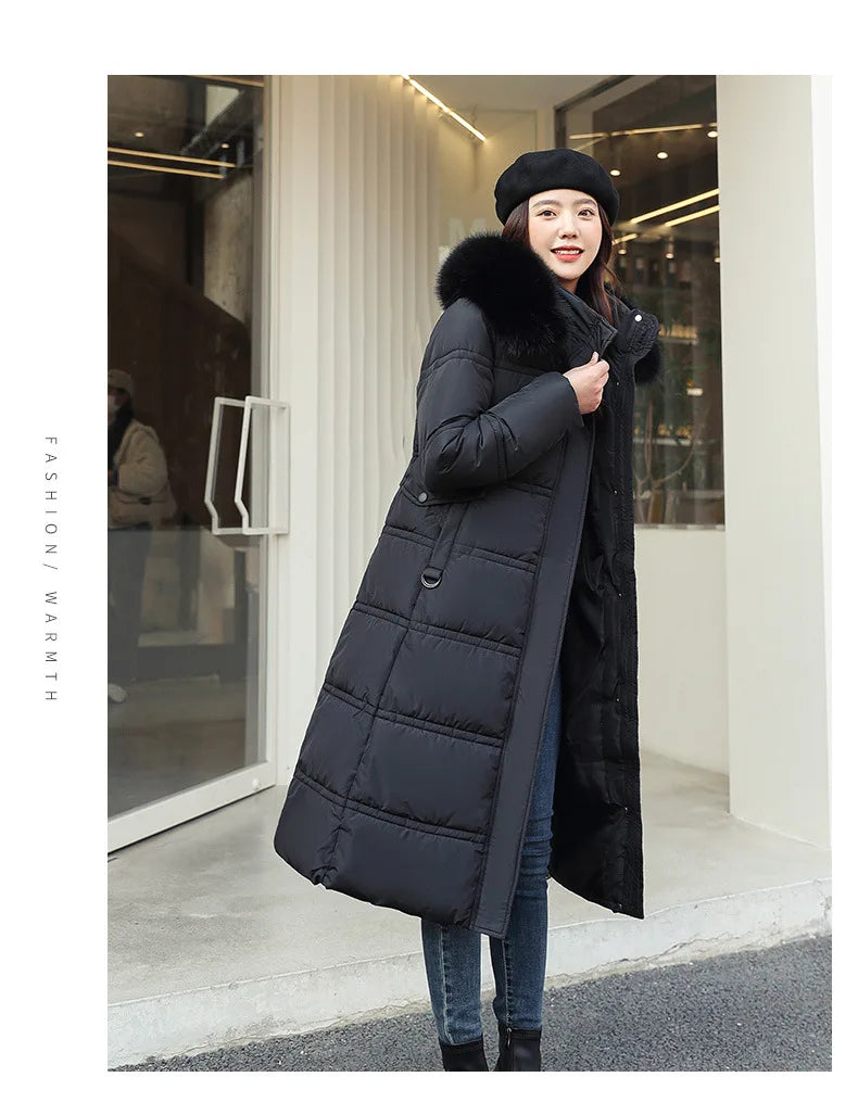 Womens Jacket Winter Women's Long Style Over Knee Big Wool Collar Cotton Jacket
