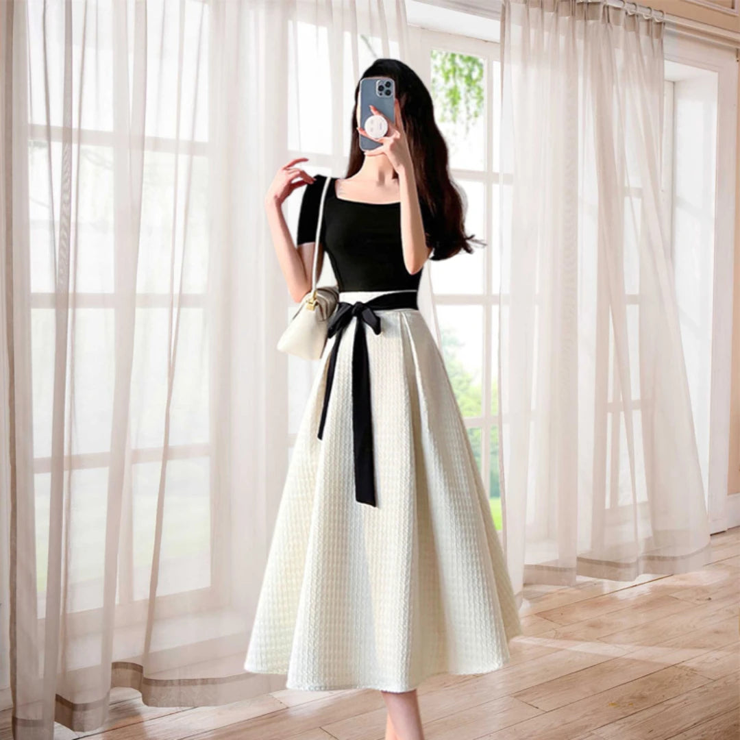 Womens T-shirt Dress Suit High Waist Elegant Fashion Pleated Skirts