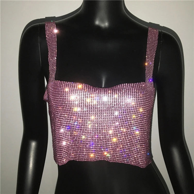 Women Sexy Metal Crystal Diamonds Sequined Night Club Party Wear Crop Top