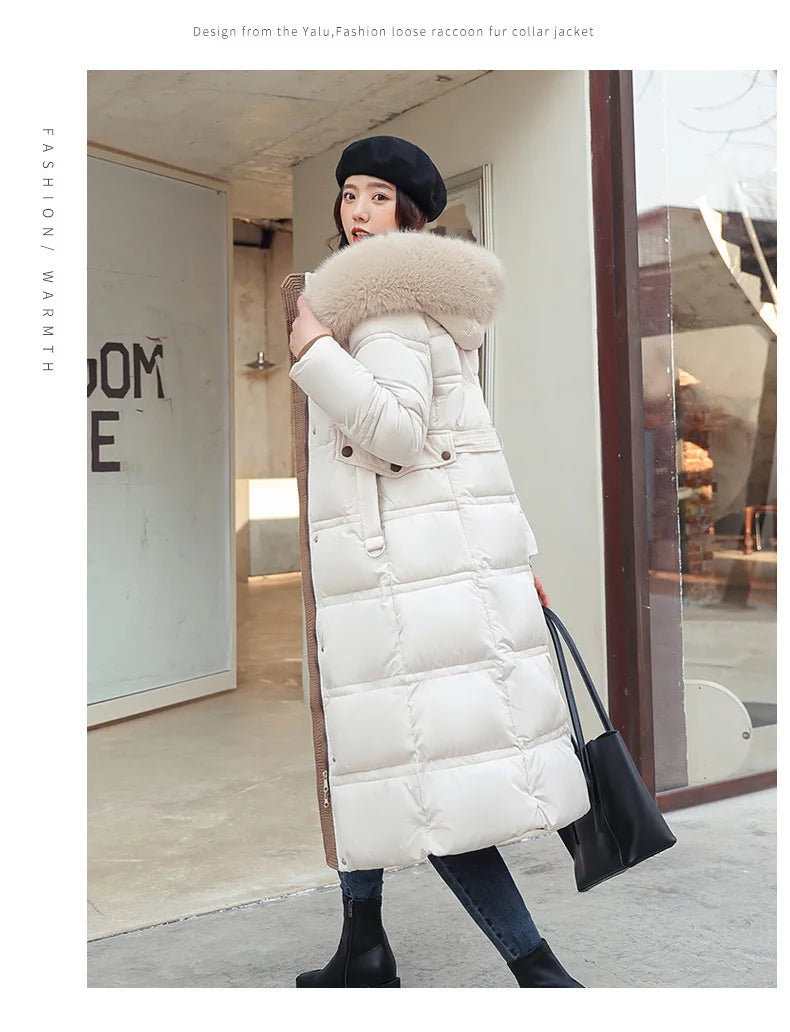 Womens Jacket Winter Women's Long Style Over Knee Big Wool Collar Cotton Jacket