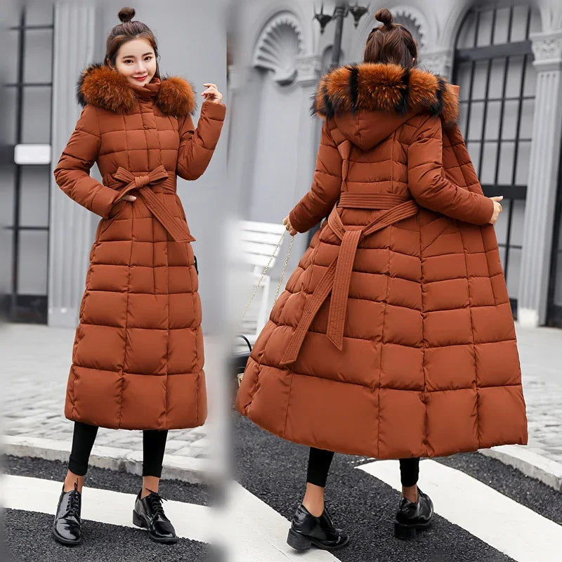 Women's warm fashion bow belt fox fur collar coat long dress women's thick coat