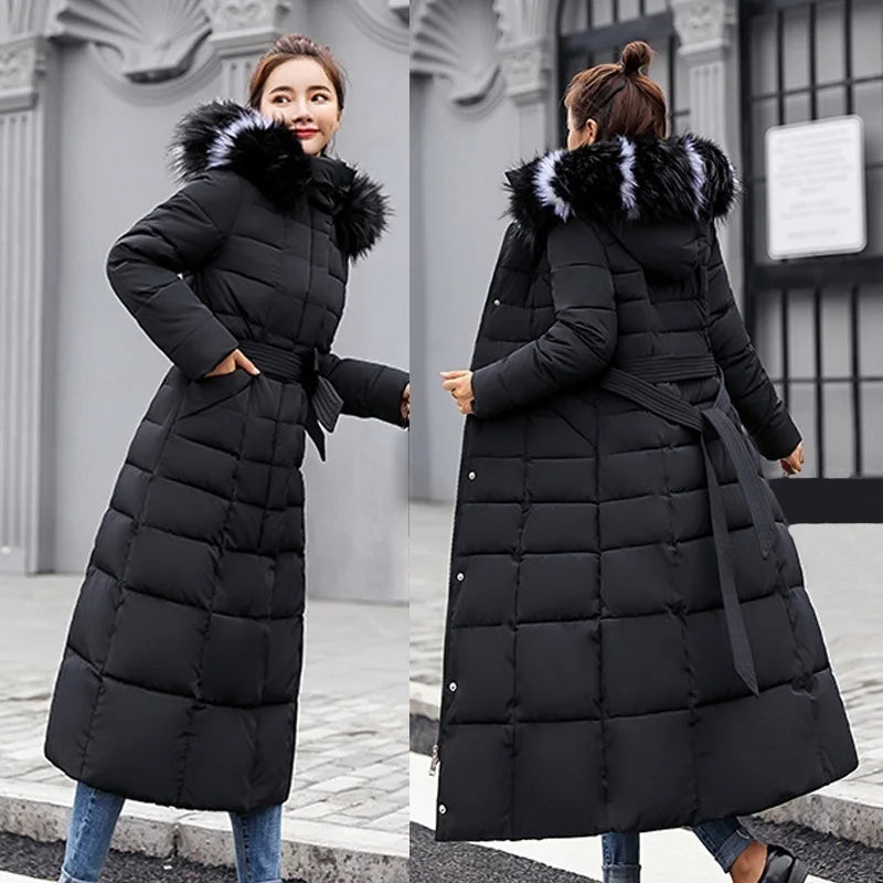Women's warm fashion bow belt fox fur collar coat long dress women's thick coat