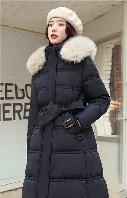 Womens Jacket Winter Women's Long Style Over Knee Big Wool Collar Cotton Jacket