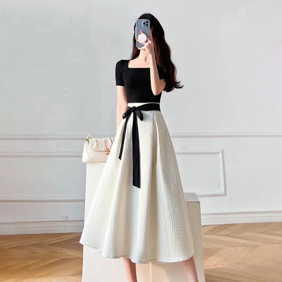 Womens T-shirt Dress Suit High Waist Elegant Fashion Pleated Skirts