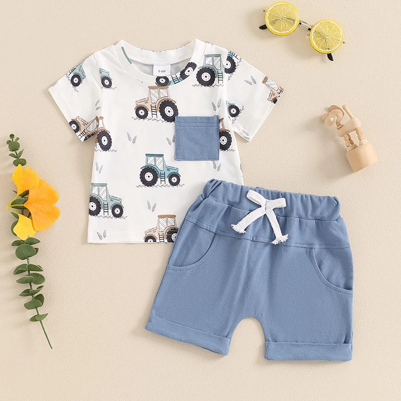 Baby Boy Summer Dinosaur/Car Print Clothes Set