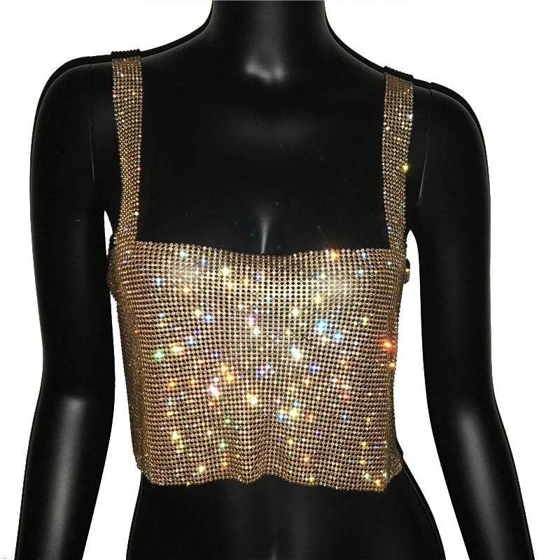 Women Sexy Metal Crystal Diamonds Sequined Night Club Party Wear Crop Top