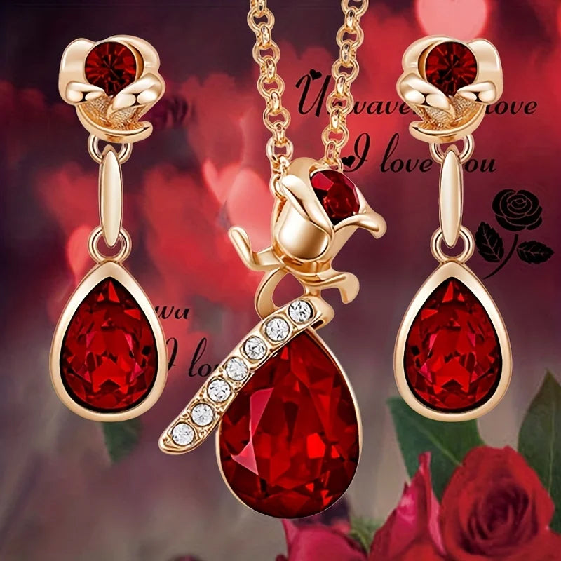 Ruby Rose Flower and Droplet Shape Jewelry Set