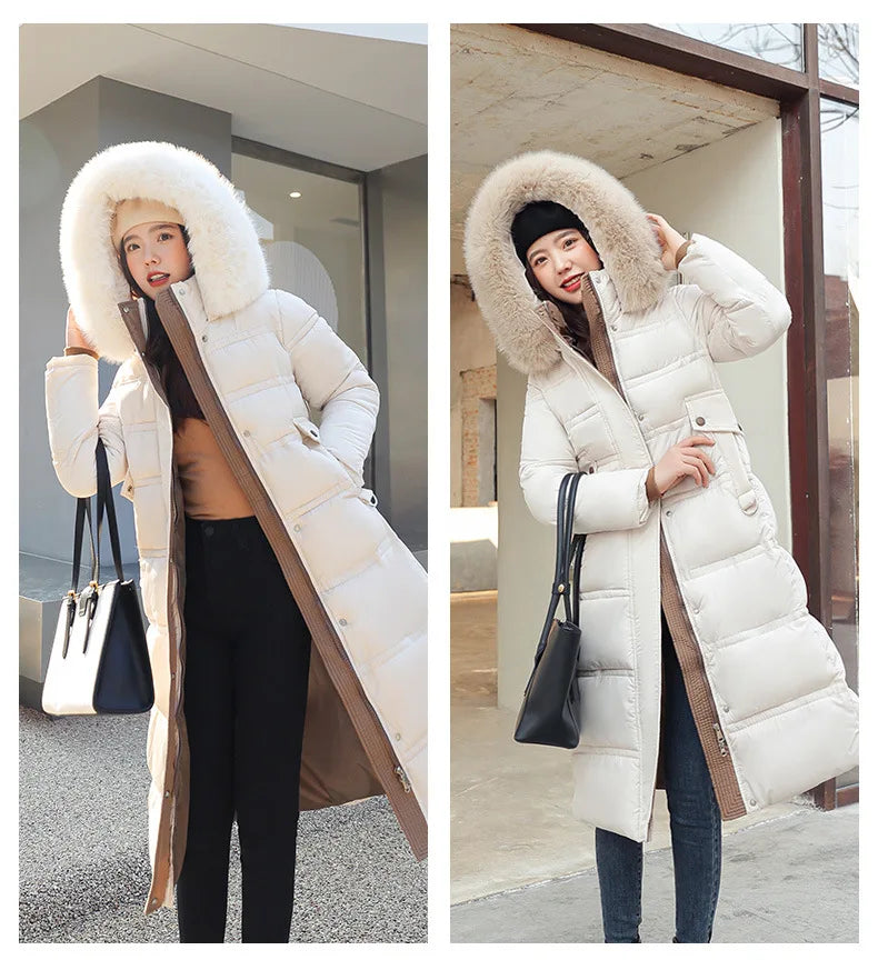 Womens Jacket Winter Women's Long Style Over Knee Big Wool Collar Cotton Jacket