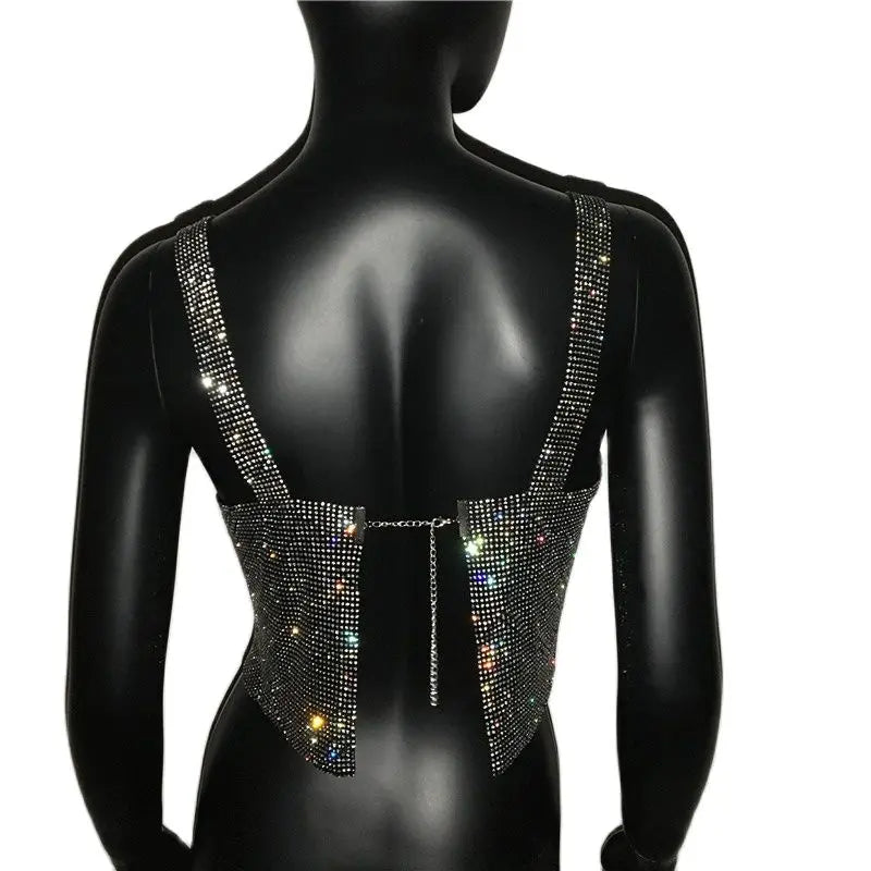 Women Sexy Metal Crystal Diamonds Sequined Night Club Party Wear Crop Top