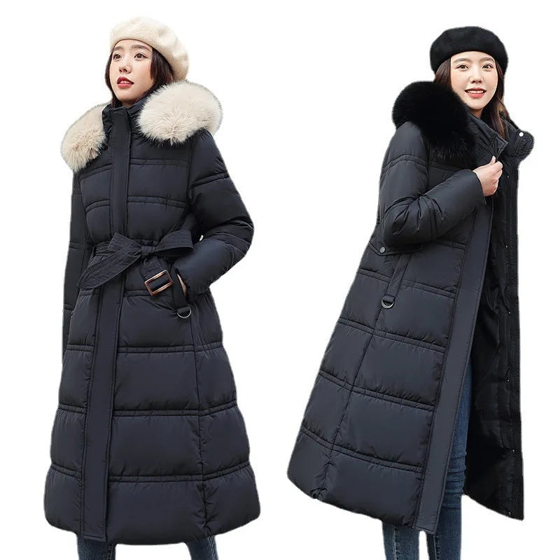 Womens Jacket Winter Women's Long Style Over Knee Big Wool Collar Cotton Jacket