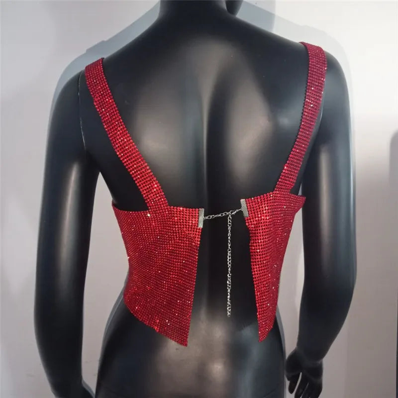 Women Sexy Metal Crystal Diamonds Sequined Night Club Party Wear Crop Top