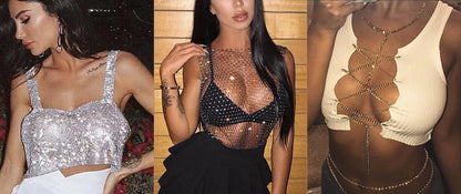 Women Sexy Metal Crystal Diamonds Sequined Night Club Party Wear Crop Top