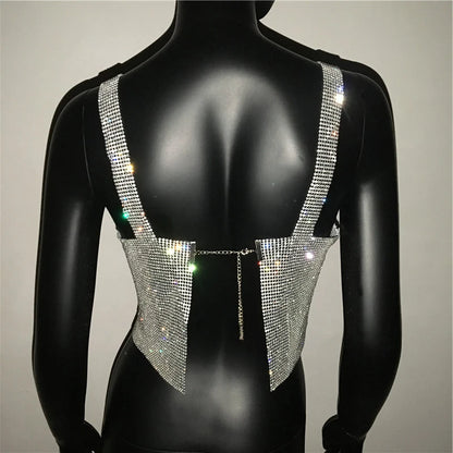 Women Sexy Metal Crystal Diamonds Sequined Night Club Party Wear Crop Top