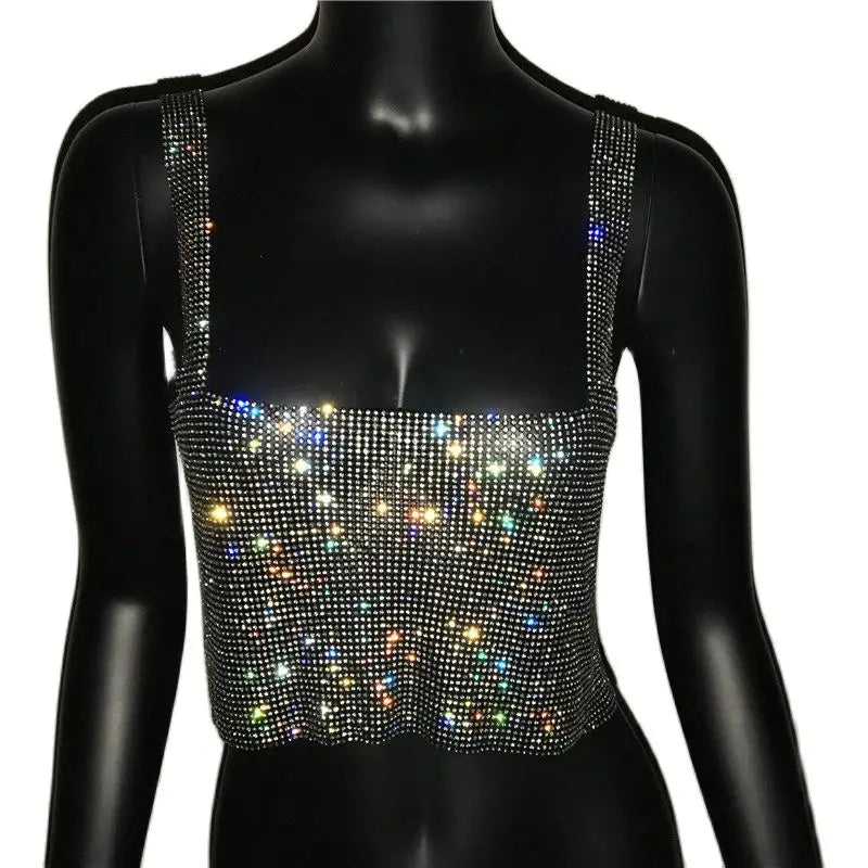 Women Sexy Metal Crystal Diamonds Sequined Night Club Party Wear Crop Top
