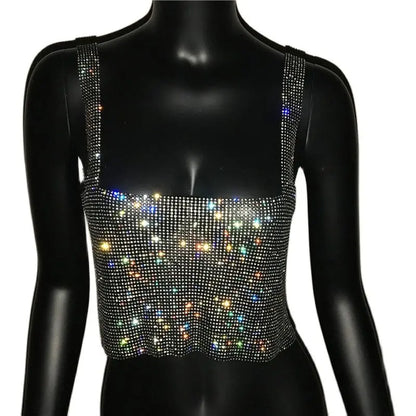 Women Sexy Metal Crystal Diamonds Sequined Night Club Party Wear Crop Top