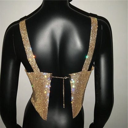 Women Sexy Metal Crystal Diamonds Sequined Night Club Party Wear Crop Top