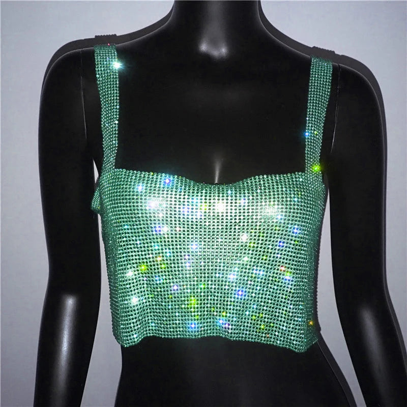 Women Sexy Metal Crystal Diamonds Sequined Night Club Party Wear Crop Top