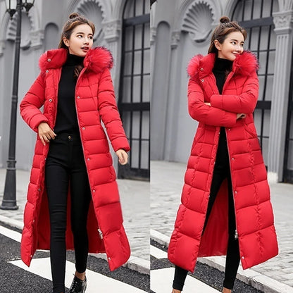 Women's warm fashion bow belt fox fur collar coat long dress women's thick coat