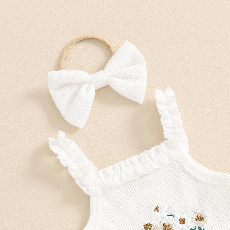 3Pcs Baby Girl Waffle Flower Sleeveless Romper Set