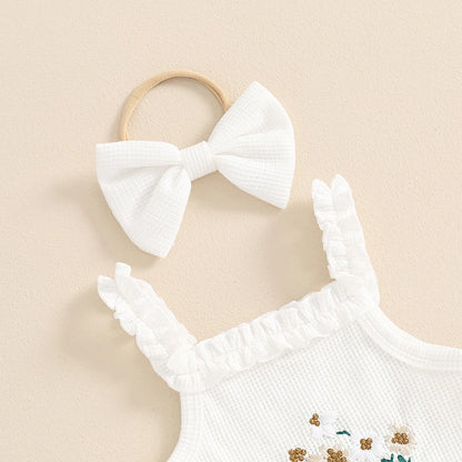 3Pcs Baby Girl Waffle Flower Sleeveless Romper Set