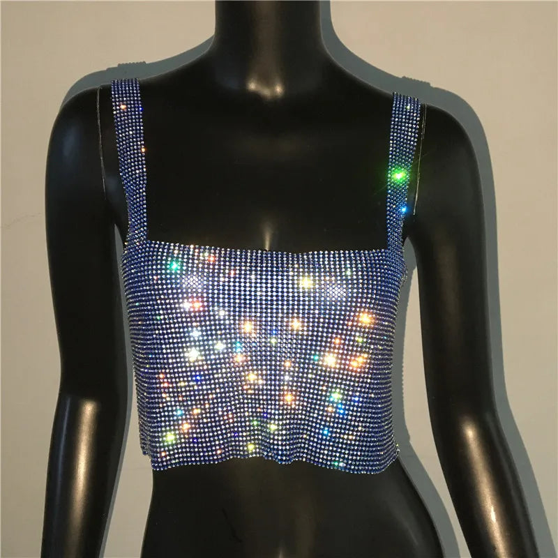 Women Sexy Metal Crystal Diamonds Sequined Night Club Party Wear Crop Top