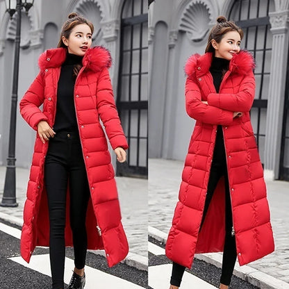 Women's warm fashion bow belt fox fur collar coat long dress women's thick coat