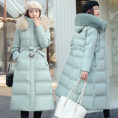 Womens Jacket Winter Women's Long Style Over Knee Big Wool Collar Cotton Jacket