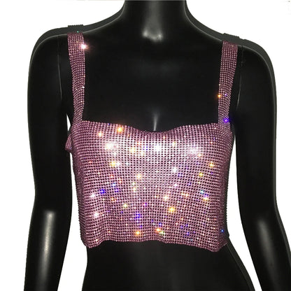 Women Sexy Metal Crystal Diamonds Sequined Night Club Party Wear Crop Top
