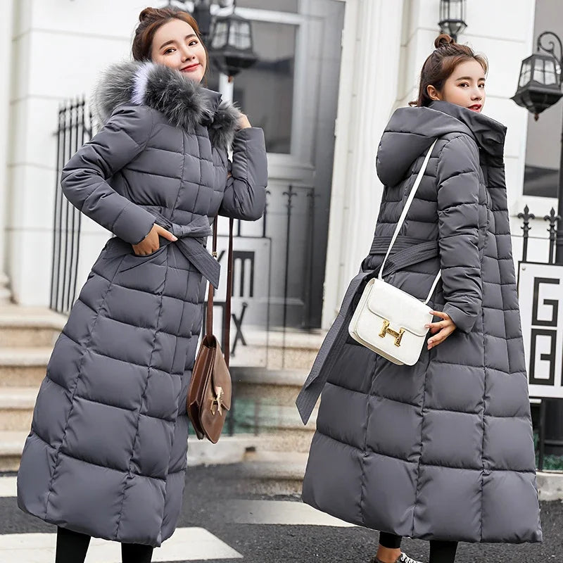 Women's warm fashion bow belt fox fur collar coat long dress women's thick coat