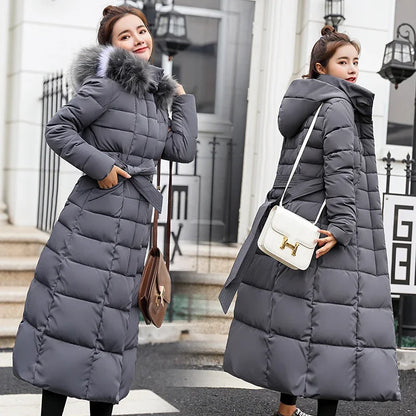 Women's warm fashion bow belt fox fur collar coat long dress women's thick coat