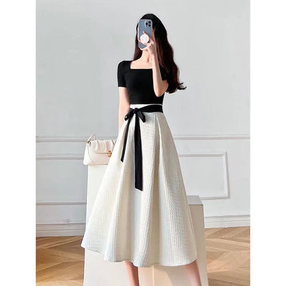 Womens T-shirt Dress Suit High Waist Elegant Fashion Pleated Skirts