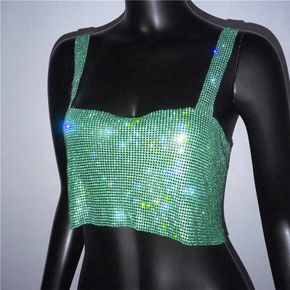 Women Sexy Metal Crystal Diamonds Sequined Night Club Party Wear Crop Top