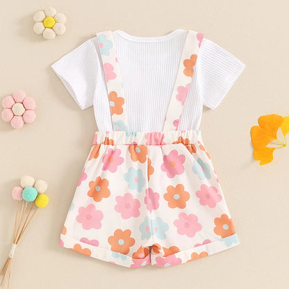 2Pcs Solid Color Ribbed Short Sleeve Clothing Set