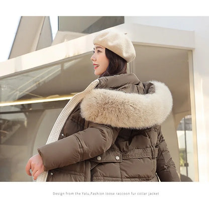 Womens Jacket Winter Women's Long Style Over Knee Big Wool Collar Cotton Jacket