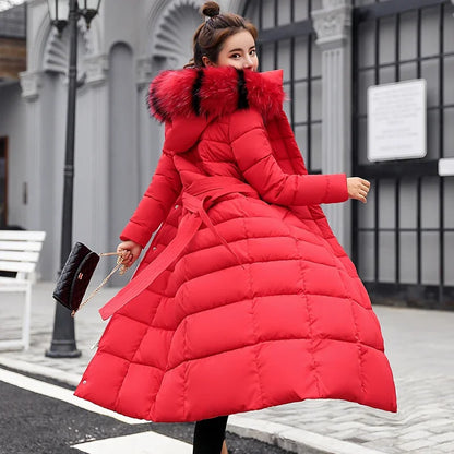 Women's warm fashion bow belt fox fur collar coat long dress women's thick coat