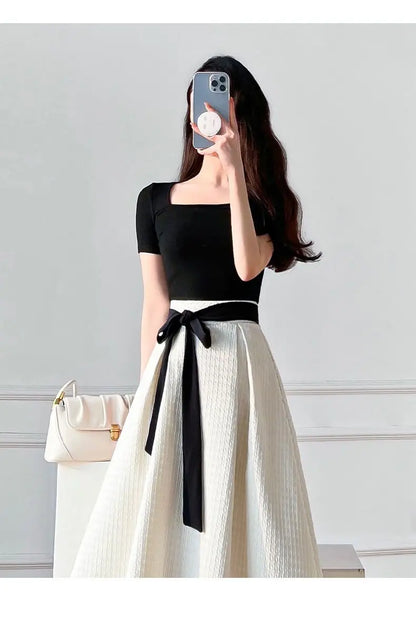 Womens T-shirt Dress Suit High Waist Elegant Fashion Pleated Skirts