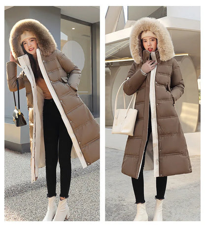 Womens Jacket Winter Women's Long Style Over Knee Big Wool Collar Cotton Jacket